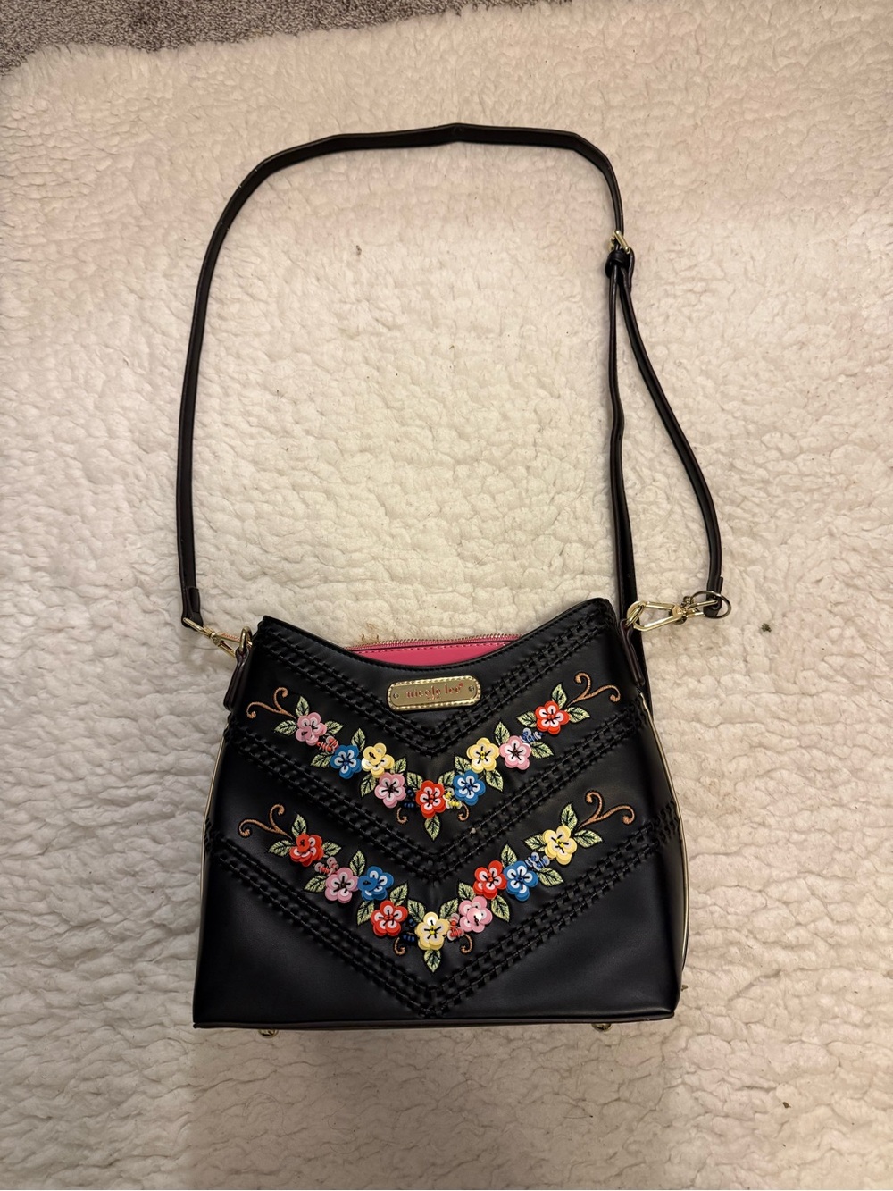 Nicole Lee Black Crossbody with Multicolor Floral Appliqués